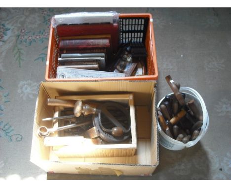 A quantity of vintage woodworking tools, various books on antiques and other items.