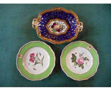 A pair of Bloor Derby botanical plates, each painted with a specimen flower within an apple green and gilt border bearing a r