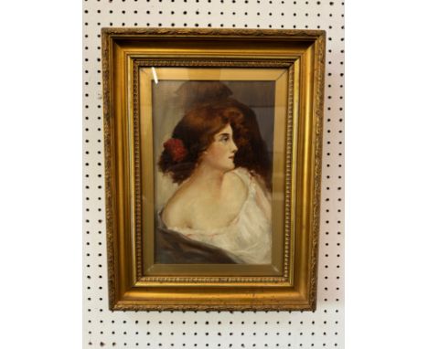 British School, Early 20th Century - A portrait of an Edwardian lady, quarter-length with head in profile, unsigned, oil on c