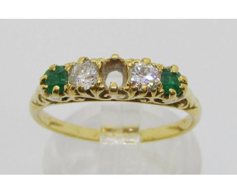 Antique 18ct emerald and diamond five stone ring, marks worn, size N, 2.9g (af) 