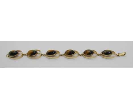 Stylised vintage 9ct cabochon tigers eye bracelet with six oval links, possibly Scandinavian, stamped '9C (I/J?)PPF' to clasp