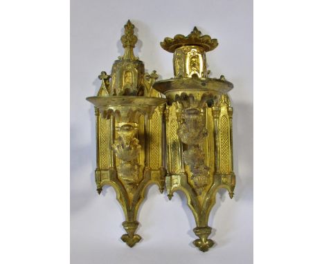 A good pair of 19th century Puginesque gilt brass single light wall sconces, with pierced branches over tabernacle shaped mou