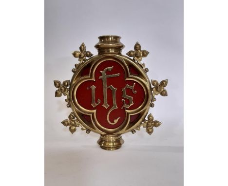A 19th century heavy brass ecclesiastical staff finial, of circular form with ‘IHS’ (Iesus Hominum Salvator) motif, 18cm high
