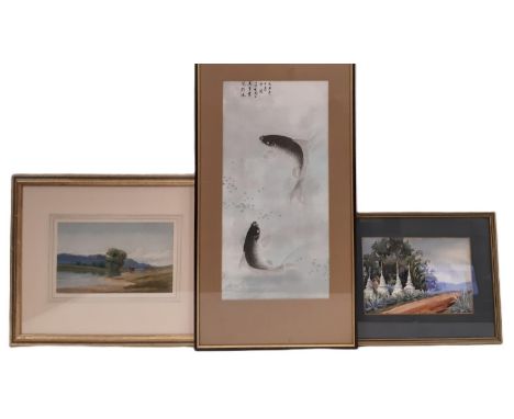 Three framed watercolours and prints, to include: 20th Century Burmese School - A road with white temple stumps, unsigned, 17