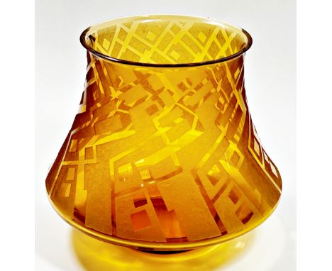 A Daum acid etched amber glass vase of bladed cylindrical form, etched with geometric motifs in the Art Deco style, 20cm high