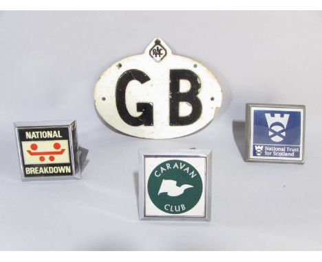A small group of vintage British automobile/car badges to include a RAC GB badge, others by Caravan Club, National Trust for 
