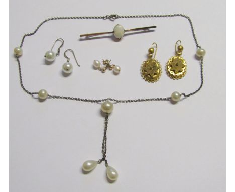 Edwardian 9ct opal bar brooch, a pair of Victorian gilt metal drop earrings, a pair of 9ct pearl earrings, silver faux pearl 