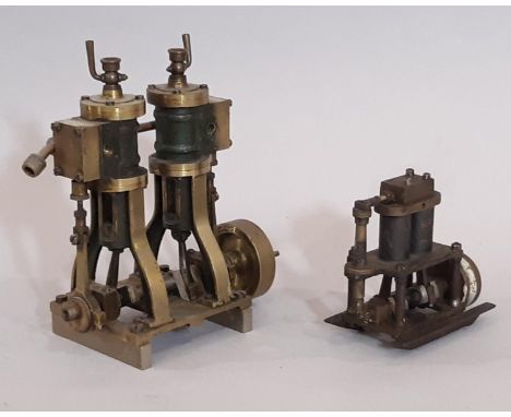 Live steam model of a stationary vertical twin cylinder engine, height 16cm together with a similar smaller model height 9cm 