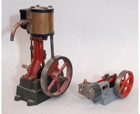 Two stationary model steam engines comprising a single cylinder high speed vertical model and a smaller horizontal single cyl