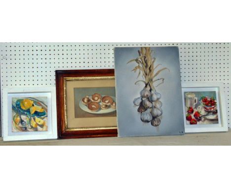 Four paintings to include: Watercolour study of a plate of mushrooms, indistinctly signed 'J. M. Picton'? and dated 1987, in 