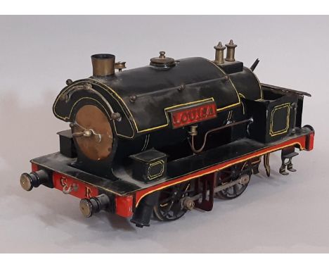 Early 20th century 0-4-0 model saddle tank live steam engine 'Louisa' in 75mm gauge (unchecked for completeness). Length 33cm