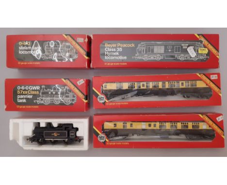 Three 00 gauge  boxed locomotives by Hornby comprising R074 Hymek Diesel, R041 Pannier Tank and R255 0-4-0 Passenger Locomoti