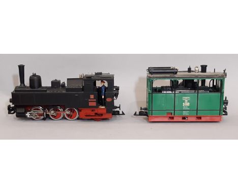 Two G Gauge LGB (Lehmann Gross Bahn) model locomotives comprising U2 Ziller Valley Railroad steam engine 2071 and tram locomo