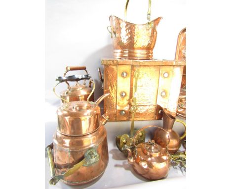 A large mixed collection of 19th century country house domestic copper and brass to include a studded copper coal box with ap