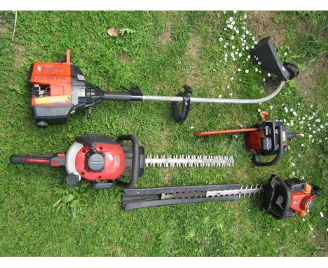 Mixed petrol garden power tools to include a Tanaka model THT-210B hedge trimmer, a Tanaka ECS-335LB chainsaw, a Mountfield M