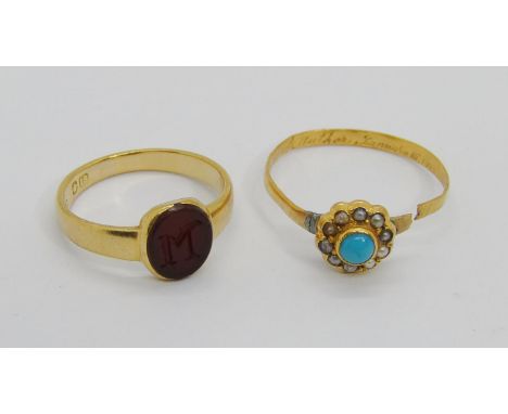 Victorian 18ct signet ring with carnelian letter 'M' seal, maker 'B.H.J', size J, 2.6g, together with a Georgian 22ct turquoi