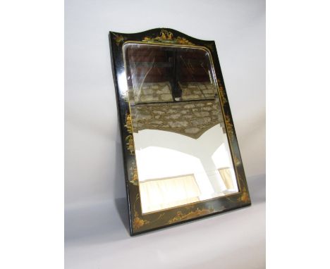 An early 20th century Chinese chinoiserie lacquered wall mirror with bevelled plate, the frame decorated with figures and cou