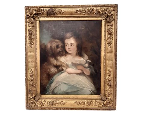 English School, 19th Century - Portrait of a girl holding a bird with her dog, three-quarter length, unsigned, oil on canvas,