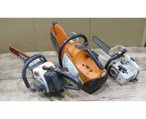 Stihl power tools to include a HS 61 chainsaw, an angle grinder and a further smaller chainsaw (3) 