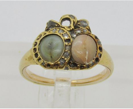 Georgian pearl, angel skin coral and rose-cut diamond twin heart ring in yellow metal, size I, 4g (af) 