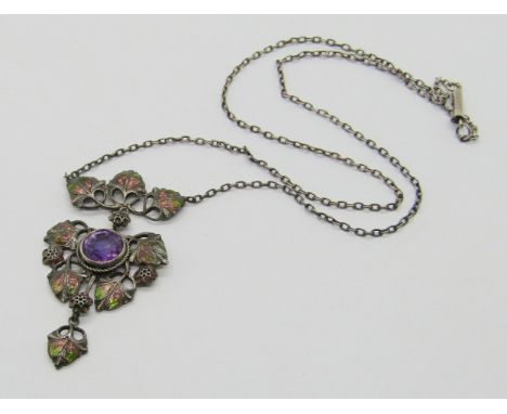 Arts &amp; Crafts enamelled silver articulated pendant necklace, bezel set with a circular amethyst, in the style of Jessie M