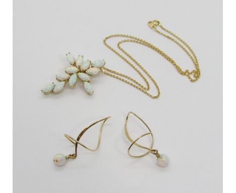 14ct cross pendant necklace set with marquise-cut opals, the chain stamped 'Al'Oro', together with a stylised pair of 14k opa