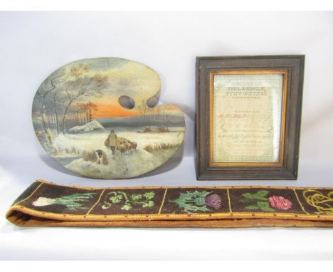 A small 19th century cross stitch embroidered sampler panel, signed M. Badminton (framed and glazed), 23 xc 17 cm together wi