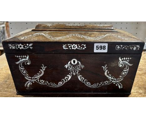 A mother-of-pearl inlaid rosewood tea caddy of sarcophagus form together with a brass banded burr walnut veneered jewellery b