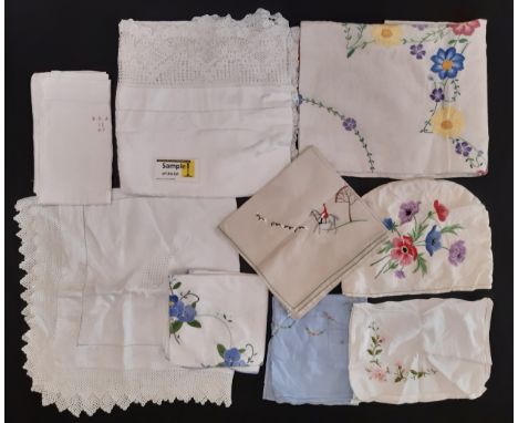 Collection of vintage table linen including colourful hand embroidered cloths, others with wide crochet edging etc 
