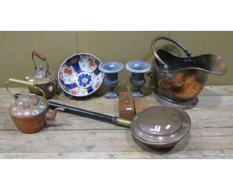 A/decorative collection to include a small pair of weathered cast iron campanile urn plant pots, 20cm high, copper kettles, c