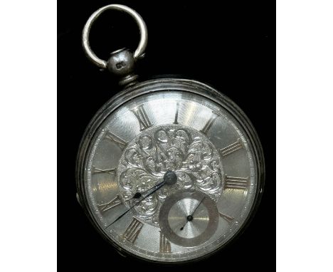 A 19th century silver cased fob / pocket watch, with silver chapter ring populated with yellow metal Roman numerals, with sub