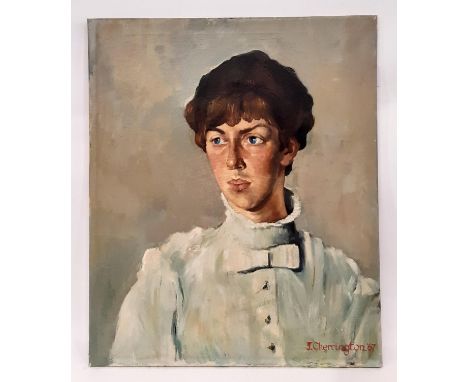 John Cherrington (b.1931) - Portrait of a man wearing a bow tie, quarter-length, signed lower right, oil on canvas, 61 x 51 c