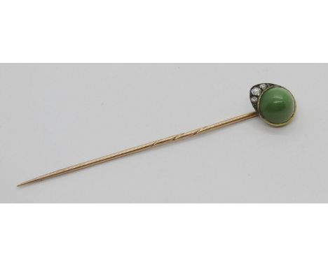 Antique yellow metal jockey cap stick pin set with cabochon turquoise and three old-cut diamonds, 1.9g 
