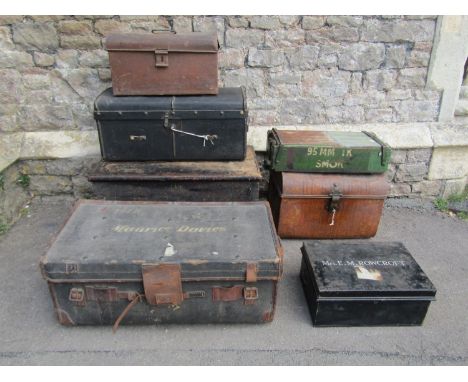A collection of six various travelling tunes/boxes to include a 18th century leather-clad example with brass banded and studd