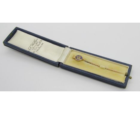 Order of the Garter 9ct stick pin with enamelled motto 'Honi Soit Qui Mal Y Pense', maker Turner &amp; Simpson Ltd, Birmingha