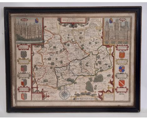 John Speed and John Norden - 'Surrey, Described and Divided into Hundreds', hand-coloured map engraved by Jodocus Hondius, 16