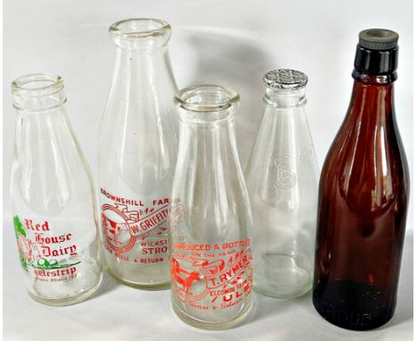 A group of vintage dairy milk bottles, local interest to include   W. Griffiths, Brownshill Farm, Stroud, Redhouse Dairy, Wes