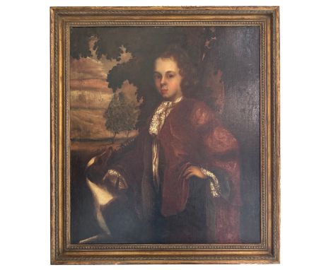 School of Charles D'Agar (French, 1669-1723) - Portrait of a young gentleman with a whippet (18th century), three-quarter len