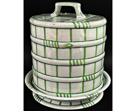 A large pearlware ceramic cheese dome and cover with simulated strapwork and applied carrying handle to cover, 29 cm high (ma