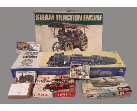 8 vintage model vehicle kits comprising 1:16 scale Steam Traction engine by Bandai, 1:50 scale Japanese Modern Steam Locomoti