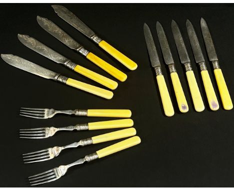 A canteen of Victorian fish knives and forks together with other loose vintage flatware, three silver plated tankards and a p