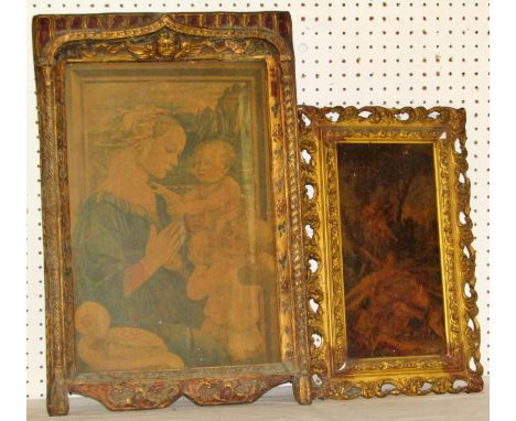 Two prints in 19th century frames, to include: After Filippo Lippi - 'The Holy Family' vintage print in ornately carved gilt 