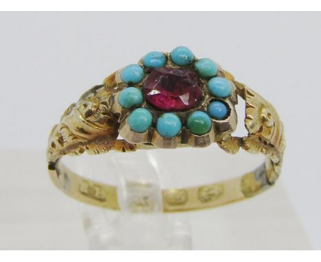 19th century 12ct garnet and turquoise cluster ring, maker 'H.H', Birmingham, size M, 1.5g (af) 