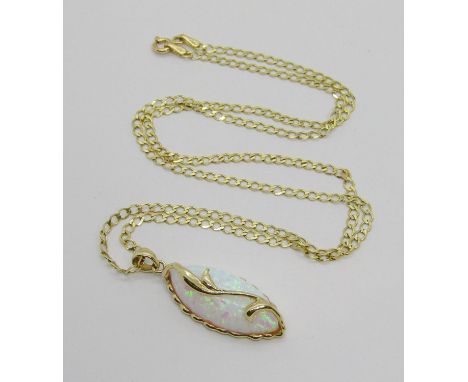 14ct marquise-cut cabochon opal pendant hung from a 14ct curb link chain necklace, chain 50cm L approx, 6.6g 