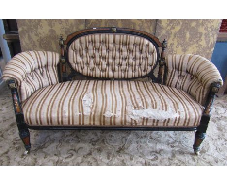 A Victorian parlour room sofa with ebonised and inlaid frame, floral marquetry detail and cast brass mounts, 180cm wide appro