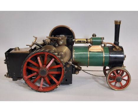 Live steam model traction engine, possibly Bassett-Lowke with top mounted single cylinder, worm and screw steering,  finished