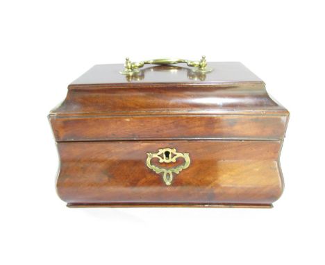A 19th century mahogany sarcophagus form tea caddy with hinged cover,  brass cover and escutcheon 