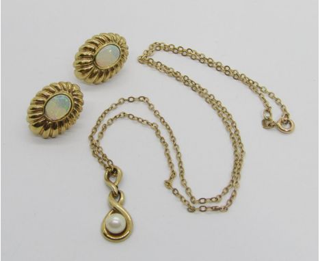 Stylised pair of 9ct cabochon opal earrings and a 9ct pearl pendant necklace, 7.6 total (3) 
