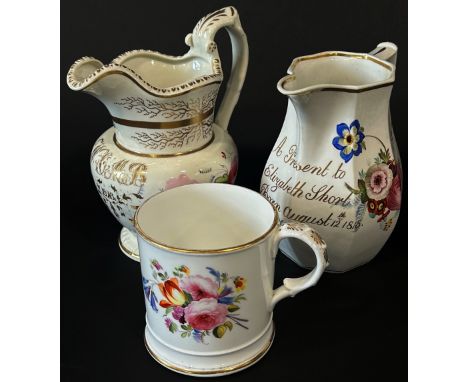A Regency hand painted porcelain jug of hexagonal form with gilt presentation script 'A Present to Elizabeth Short, Born Augu