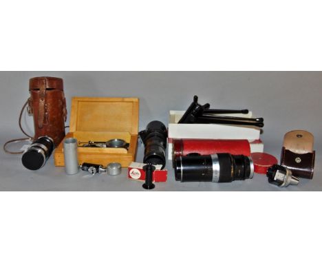 A selection of Leica Ernst Leitz camera accessories including a cleverly designed Leica 14100 swivelling camera tripod, Leitz